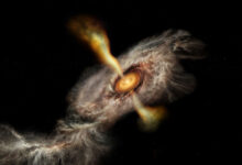 Ammonia gas infalling into an accretion disk feeding the protostar HW2. Image credit: NSF / AUI / NSF / NRAO / B. Saxton.