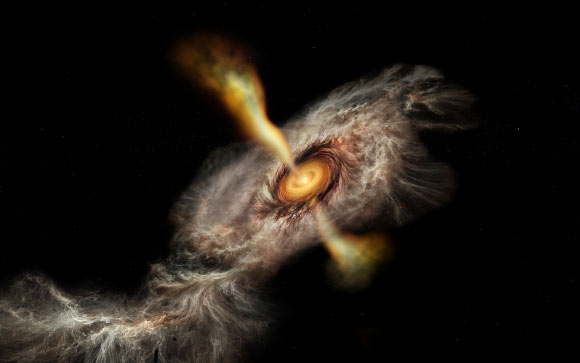 Ammonia gas infalling into an accretion disk feeding the protostar HW2. Image credit: NSF / AUI / NSF / NRAO / B. Saxton.