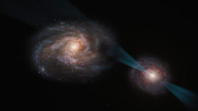 This artist’s impression shows a galactic merger in which the galaxy on the right hosts a quasar at its core; this quasar is powered by a supermassive black hole swallowing up material around it and emitting a powerful cone of radiation, piercing the other galaxy like a lance; as this radiation interacts with the galaxy on the left, it disrupts the clouds of gas and dust within, leaving behind only the smallest and densest regions; these regions are likely rendered incapable of star formation after the process. Image credit: ESO / M. Kornmesser.