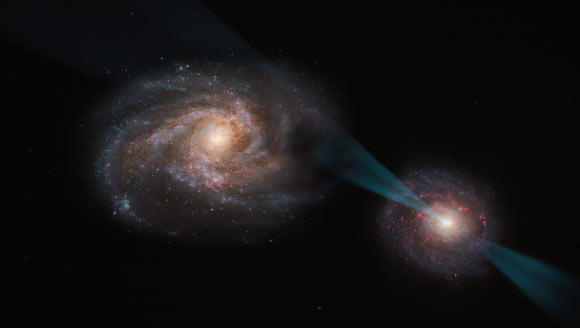 This artist’s impression shows a galactic merger in which the galaxy on the right hosts a quasar at its core; this quasar is powered by a supermassive black hole swallowing up material around it and emitting a powerful cone of radiation, piercing the other galaxy like a lance; as this radiation interacts with the galaxy on the left, it disrupts the clouds of gas and dust within, leaving behind only the smallest and densest regions; these regions are likely rendered incapable of star formation after the process. Image credit: ESO / M. Kornmesser.