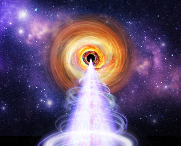 This artist’s concept depicts the central region of the blazar BL Lacertae, a supermassive black hole surrounded by a bright disk and a jet oriented toward Earth. Image credit: NASA / Pablo Garcia.