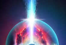 A high-energy photonic jet (white and blue) blasts through a collapsar with a black hole at its center; the red space around the jet represents the cocoon where free neutrons may be captured causing the r-process, the nucleosynthesis that results in the formation of heavy elements. Image credit: Los Alamos National Laboratory.