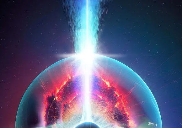 A high-energy photonic jet (white and blue) blasts through a collapsar with a black hole at its center; the red space around the jet represents the cocoon where free neutrons may be captured causing the r-process, the nucleosynthesis that results in the formation of heavy elements. Image credit: Los Alamos National Laboratory.