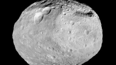 As NASA’s Dawn spacecraft takes off for its next destination, this mosaic synthesizes some of the best views the spacecraft had of the giant asteroid Vesta. Dawn studied Vesta from July 2011 to September 2012. The towering mountain at the south pole -- more than twice the height of Mount Everest -- is visible at the bottom of the image. The set of three craters known as the ‘snowman’ can be seen at the top left. Image credit: NASA / JPL-Caltech / UCLA / MPS / DLR / IDA.