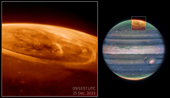 These observations of Jupiter’s aurorae were captured with Webb’s Near-InfraRed Camera (NIRCam) on December 25, 2023. Image credit: NASA / ESA / CSA / STScI / Ricardo Hueso, UPV / Imke de Pater, UC Berkeley / Thierry Fouchet, Observatory of Paris / Leigh Fletcher, University of Leicester / Michael H. Wong, UC Berkeley / Joseph DePasquale, STScI / J. Nichols, University of Leicester / M. Zamani, ESA & Webb.