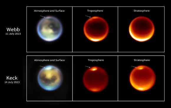 These images of Titan, taken by Webb on July 11, 2023 (top row), and the Keck II telescope on July 14, 2023 (bottom row), show methane clouds (white arrows) appearing at different altitudes in Titan’s northern hemisphere. Image credit: NASA / ESA / CSA / STScI / Keck Observatory.