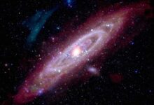 This new composite image of the Andromeda galaxy includes X-rays from Chandra and XMM-Newton (represented in red, green, and blue); ultraviolet data from GALEX (blue); optical data from astrophotographers using ground based telescopes (Jakob Sahner and Tarun Kottary); infrared data from Spitzer, the Infrared Astronomy Satellite, COBE, Planck, and Herschel (red, orange, and purple); and radio data from the Westerbork Synthesis Radio Telescope (red-orange). Image credit: NASA.