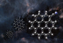 Cyanocoronene, composed of seven interconnected benzene rings and a cyano group, was found in the cold, dark molecular cloud TMC-1, a region known for its rich chemistry and as a cradle for new stars. Image credit: NSF / AUI / NSF / NRAO / P.Vosteen.