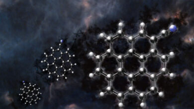 Cyanocoronene, composed of seven interconnected benzene rings and a cyano group, was found in the cold, dark molecular cloud TMC-1, a region known for its rich chemistry and as a cradle for new stars. Image credit: NSF / AUI / NSF / NRAO / P.Vosteen.