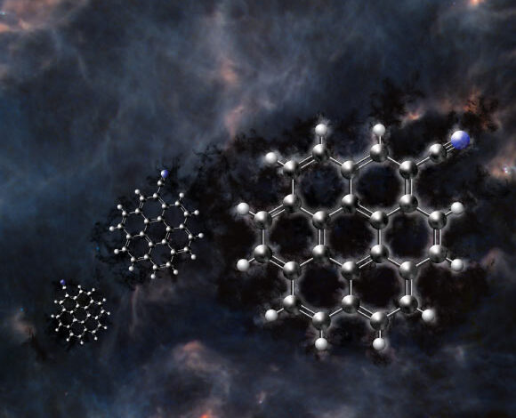 Cyanocoronene, composed of seven interconnected benzene rings and a cyano group, was found in the cold, dark molecular cloud TMC-1, a region known for its rich chemistry and as a cradle for new stars. Image credit: NSF / AUI / NSF / NRAO / P.Vosteen.