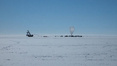 ANITA was placed in Antarctica because there is little chance of interference from other signals; to capture the emission signals, the balloon-borne radio detector is sent to fly over stretches of ice, capturing what are called ice showers. Image credit: Stephanie Wissel / Penn State.