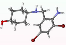 Ball-and-stick model of ambroxol molecule. Image credit: Marina Vladivostok / ChemSpider.