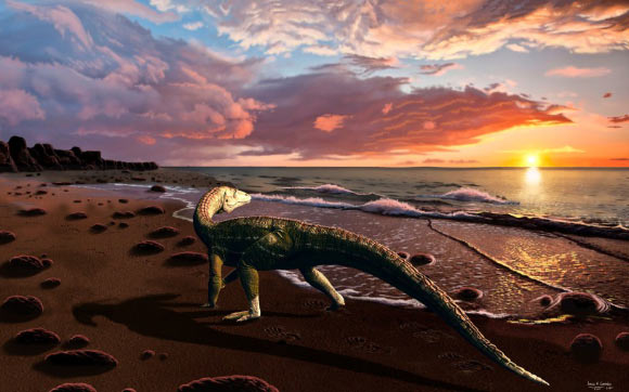 Benggwigwishingasuchus eremicarminis on the Panthalassan Ocean coast. Image credit: Jorge Gonzalez.