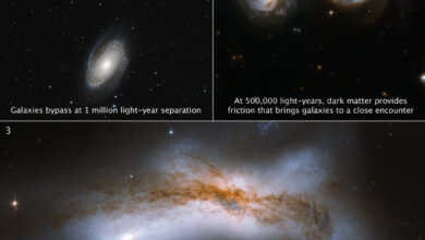 These images illustrate three possible encounter scenarios between our Milky Way Galaxy and the neighboring Andromeda galaxy. Top left: Messier 81 and Messier 82. Top right: NGC 6786. Bottom: NGC 520. Image credit: NASA / ESA / STScI / DSS / Till Sawala, University of Helsinki / Joseph DePasquale, STScI.