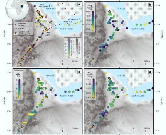 Variation in geochemical and geophysical properties around the Afar Triangle. Image credit: Watts et al., doi: 10.1038/s41561-025-01717-0.