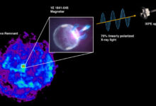 This illustration depicts IXPE’s measurements of X-ray polarization emitting from 1E 1841-045. Image credit: Michela Rigoselli / Italian National Institute of Astrophysics.