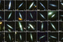 Webb/NIRCam composite images of a quarter of the team’s sample sorted by increasing redshift. Image credit: Tsukui et al., doi: 10.1093/mnras/staf604.