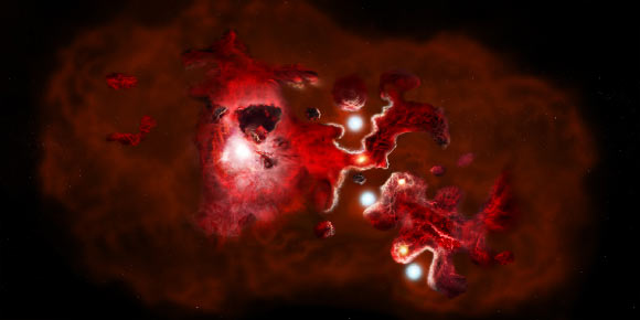 This artist’s impression of the formation of a galaxy in the early Universe featuring clumps of star-forming galaxies, with carbon gas shown in red, and dark dust shown in black. This process is documented in detail throughout the many galaxies observed in ALMA’s CRISTAL survey. Image credit: NSF / AUI / NRAO / B. Saxton.