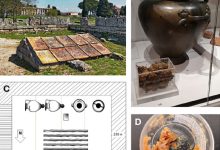 Paestum honey: (A) underground shrine in Paestum, Italy; (B) one of the hydrias on display alongside a Perspex box containing the residue at the Ashmolean Museum in 2019; (C) graphic representation of the arrangement of the bronze jars inside the shrine; (D) sample from the core of the residue. Image credit: da Costa Carvalho et al., doi: 10.1021/jacs.5c04888.