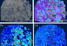 Image of the entire NWA 16254 sample studied by Chen et al.: (a) a backscattered electron (BSE) image obtained by the TESCAN Integrated Mineral Analyzer (TIMA); (b) mineralogical mapping via TIMA; (c) distribution map of the iron content obtained via TIMA; (d) distribution map of the calcium content obtained via TIMA. Image credit: Chen et al., doi: 10.15302/planet.2025.25002.