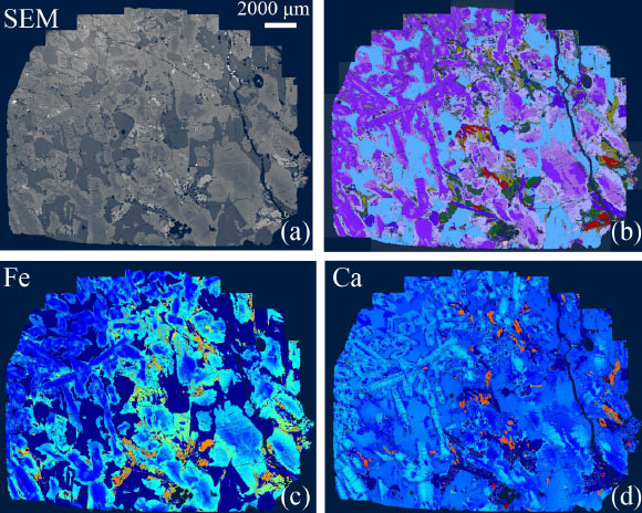 Image of the entire NWA 16254 sample studied by Chen et al.: (a) a backscattered electron (BSE) image obtained by the TESCAN Integrated Mineral Analyzer (TIMA); (b) mineralogical mapping via TIMA; (c) distribution map of the iron content obtained via TIMA; (d) distribution map of the calcium content obtained via TIMA. Image credit: Chen et al., doi: 10.15302/planet.2025.25002.