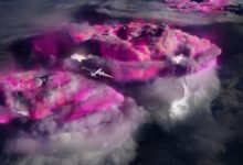 NASA’s high-flying ER-2 airplane carries instrumentation in this artist’s impression of the Airborne Lightning Observatory for Fly’s Eye Geostationary Lightning Mapper Simulator and Terrestrial Gamma-ray Flashes (ALOFT) mission to record gamma rays (colored purple for illustration) from thunderclouds. Image credit: NASA / ALOFT team.