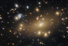 This Hubble image shows Abell 209, a galaxy cluster located about 2.8 billion light-years away in the constellation of Cetus. The color image includes both optical and infrared observations from Hubble’s Advanced Camera for Surveys (ACS) and Wide Field Camera 3 (WFC3). Twelve filters were used to sample various wavelengths. The color results from assigning different hues to each monochromatic image associated with an individual filter. Image credit: NASA / ESA / Hubble / M. Postman / P. Kelly.