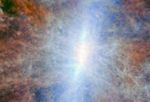 This Webb/MIRI image shows the central part of the starburst galaxy Messier 82. Image credit: NASA / ESA / CSA / Webb / A. Bolatto.