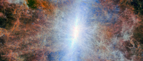 This Webb/MIRI image shows the central part of the starburst galaxy Messier 82. Image credit: NASA / ESA / CSA / Webb / A. Bolatto.