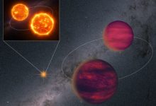 An artist’s impression of the UPM J1040-3551 system against the backdrop of the Milky Way as observed by ESA’s Gaia satellite; on the left, UPM J1040-3551 Aa & Ab appears as a distant bright orange dot, with an inset revealing these two M-type stars in orbit; on the right, in the foreground, a pair of cold brown dwarfs -- UPM J1040-3551 Ba & Bb -- orbit each other for a period of decades while collectively circling UPM J1040-3551 Aab in a vast orbit that takes over 100,000 years to complete. Image credit: Jiaxin Zhong / Zenghua Zhang.