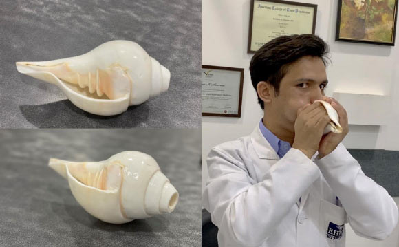 Upper airway muscle training by blowing shankh improves subjective measurements of daytime sleepiness and sleep quality with improvement in objective measures of severity of obstructive sleep apnea. Image credit: Sharma et al., doi: 10.1183/23120541.00258-2025.