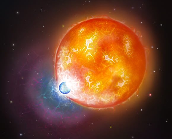 Illustration of a merger of a white dwarf with sub-giant star (size not to scale) that would have occurred in past. Image credit: Snehalata Sahu / University of Warwick.