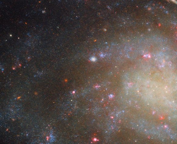 This Hubble image shows of the outer arms of NGC 45, a spiral galaxy some 22 million light-years away in the constellation of Cetus. The color image was made from separate exposures taken in the ultraviolet, visible and near-infrared regions of the spectrum with Hubble’s Wide Field Camera 3 (WFC3) instrument. It is based on data obtained through seven filters. The color results from assigning different hues to each monochromatic image associated with an individual filter. Image credit: NASA / ESA / Hubble / D. Calzetti / R. Chandar / M.H. Özsaraç.