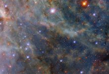 This Hubble image shows part of the Tarantula Nebula, a star-forming region some 163,000 light-years away in the constellation of Dorado. The color image is a composite of separate exposures acquired by Hubble’s Wide Field Camera 3 (WFC3) instrument in the ultraviolet, near-infrared, and optical parts of the spectrum. It is based on data obtained through four filters. The color results from assigning different hues to each monochromatic image associated with an individual filter. Image credit: NASA / ESA / Hubble / C. Murray.