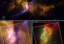 Hubble and Webb/ALMA images of the Butterfly Nebula. Image credit: NASA / ESA / CSA / Webb / Hubble / ALMA / Matsuura et al., doi: 10.1093/mnras/staf1194.