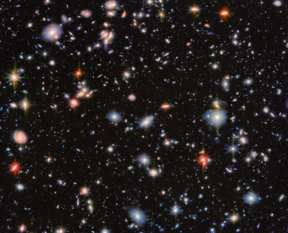 This Webb image shows the Hubble Ultra Deep Field, an area of deep space with thousands of galaxies in various shapes and sizes on a black background. Image credit: NASA / ESA / CSA / Webb / G. Östlin / P. G. Perez-Gonzalez / J. Melinder / JADES Collaboration / M. Zamani, ESA & Webb.