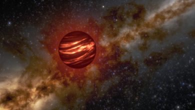 This artist’s illustration shows a brown dwarf that hosts an atmosphere filled with gas and dust clouds. Image credit: NOIRLab / NSF / AURA / R. Proctor.