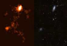 Radio (left) and optical (right) images of NGC 4532 / DDO 137. Image credit: ICRAR / D. Lang, Perimeter Institute.