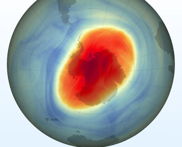 This map shows the size and shape of the ozone hole over the South Pole on October 5, 2022, when it reached its single-day maximum extent for the year. Image credit: Joshua Stevens / NASA’s Earth Observatory.