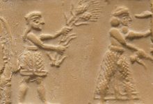 The impression of a cylinder seal from the Uruk period, around 3100 BCE. Image credit: Louvre Museum.