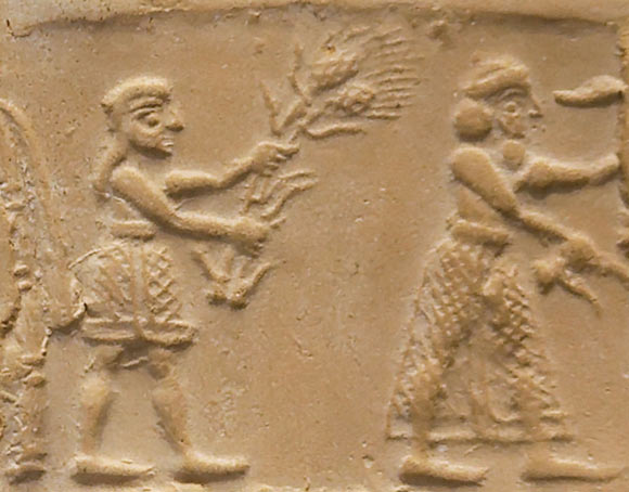The impression of a cylinder seal from the Uruk period, around 3100 BCE. Image credit: Louvre Museum.