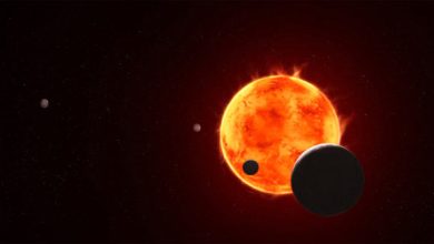 The Earth-size exoplanet TRAPPIST-1e, depicted at the lower right, is silhouetted as it passes in front of its flaring host star in this artist’s concept of the TRAPPIST-1 system. Image credit: NASA / ESA / CSA / STScI / Joseph Olmsted, STScI.