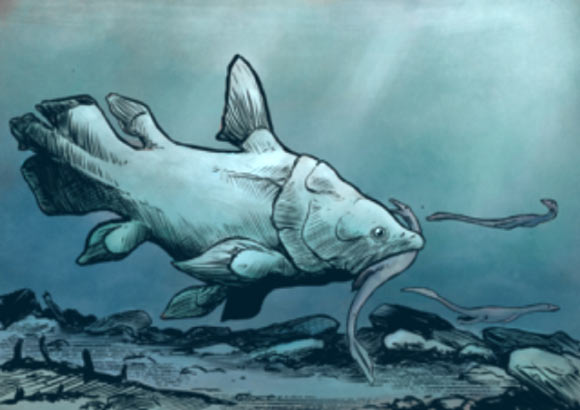 An artist’s reconstruction of a large mawsoniid coelacanth from the British Rhaetian. Image credit: Daniel Phillips.