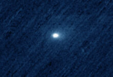 This colorized image, taken by the CaSSIS instrument aboard ESA’s Trace Gas Orbiter on October 3, 2025, shows the interstellar comet 3I/ATLAS. Image credit: ESA / TGO / CaSSIS.