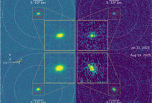 Stacked images of the interstellar comet 3I/ATLAS acquired with the Ultraviolet/Optical Telescope aboard NASA’s Neil Gehrels Swift Observatory: the first were obtained on July 31 and August 1, 2025 (visit 1, top half of figure) and the second on August 19, 2025 (visit 2, bottom half of figure). Image credit: Xing et al., doi: 10.3847/2041-8213/ae08ab.