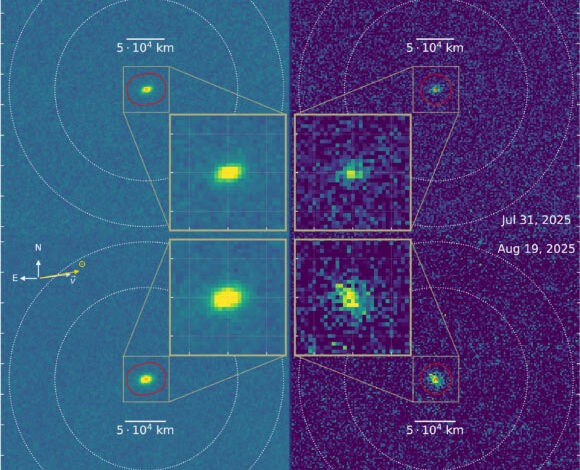 Stacked images of the interstellar comet 3I/ATLAS acquired with the Ultraviolet/Optical Telescope aboard NASA’s Neil Gehrels Swift Observatory: the first were obtained on July 31 and August 1, 2025 (visit 1, top half of figure) and the second on August 19, 2025 (visit 2, bottom half of figure). Image credit: Xing et al., doi: 10.3847/2041-8213/ae08ab.