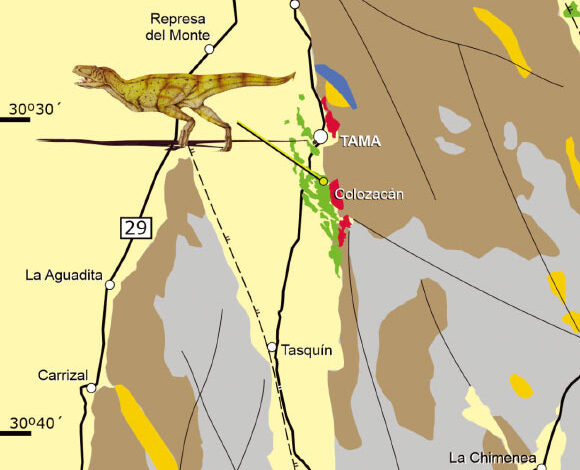 Geological map showing the location of Vitosaura colozacani in the Los Llanos Formation, La Rioja Province, Argentina. Image credit: Jiménez Velandia et al., doi: 10.5710/AMGH.24.09.2025.3653.