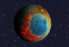 The South Pole-Aitken impact basin on the far side of the Moon formed in a southward impact. Image credit: Jeff Andrews-Hanna / University of Arizona / NASA / NAOJ.