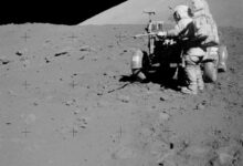 Commander Eugene Cernan retrieves a drive tube from the Lunar Roving Vehicle during an Apollo 17 EVA. Image credit: NASA.
