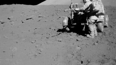 Commander Eugene Cernan retrieves a drive tube from the Lunar Roving Vehicle during an Apollo 17 EVA. Image credit: NASA.